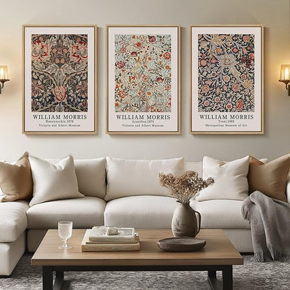 Framed Vintage William Morris Canvas Wall Art Set of 3, Large Retro Floral Artwork Prints, Rustic Farmhouse Botanical Aesthetic Wall Decor for Living Room, Bedroom, Hallway, Office, Total Size 30x60