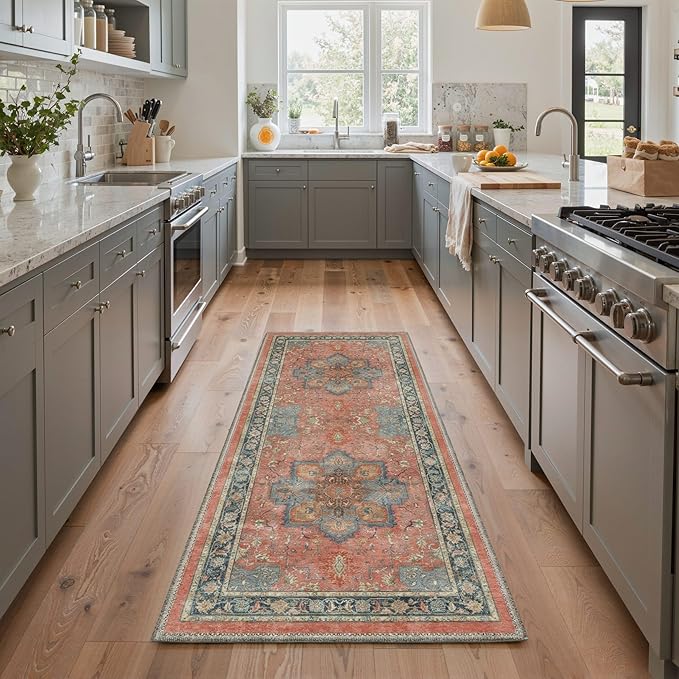 GENIMO 8x10 Area Rugs for Living Room, Machine Washable Rug, Non Slip Indoor Vintage Carpet, Low Pile Lightweight Chenille Print Carpet for Bedroom Dining Room Home Office, Dusty Terracotta