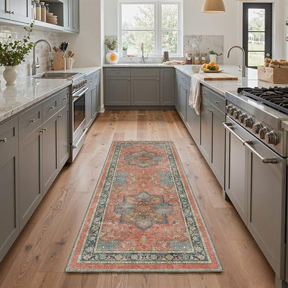 GENIMO 8x10 Area Rugs for Living Room, Machine Washable Rug, Non Slip Indoor Vintage Carpet, Low Pile Lightweight Chenille Print Carpet for Bedroom Dining Room Home Office, Dusty Terracotta
