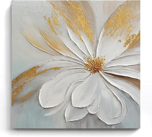 JUHOME Abstract Floral Canvas Wall Art, 24x24 In Hand Painted Original White Flower Oil Painting Textured with Gold Leaf Modern Wall Decor for Living Room Bedroom Office Framed Ready to Hang