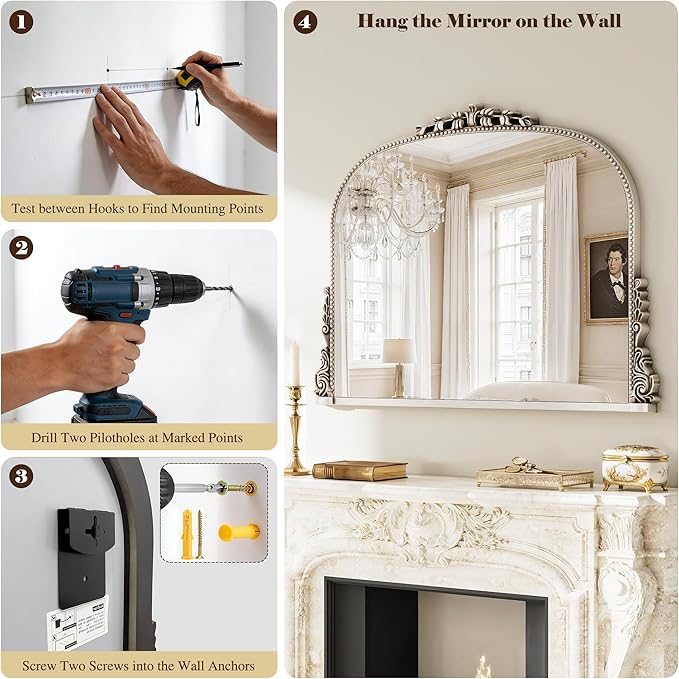 26x38 inch Vintage Arched Gold Ornate Baroque Mirror - Wall Vanity Mirror with Beautiful Retro Top and Bottom Engraving Process Frame for Bathroom, Living Room, Fireplace, Entryway, HD Tempered Glass