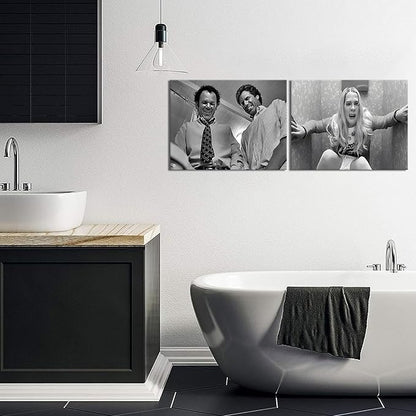 Framed Funny Movie Bathroom Canvas Wall Art Set of 2 – Black and White Vintage Comedy Movies Wall Decor, Humor White Chicks Posters Prints for Bathroom Toilet Humour Signs – 16x24in