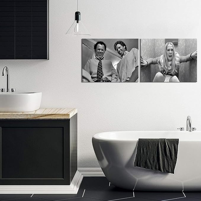 Framed Funny Movie Bathroom Canvas Wall Art Set of 2 – Black and White Vintage Comedy Movies Wall Decor, Humor White Chicks Posters Prints for Bathroom Toilet Humour Signs – 12X16in