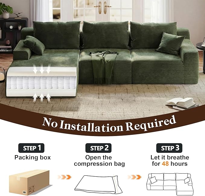 Homkdom L-Shaped Cloud Boneless Couch with Deep Seat, Modular Sectional Sofa with Oversized Chaise, 6 Layouts Combination for Living Room, Apartment, No Assembly (Green, Left Chaise)
