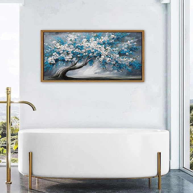 Framed White Blue Tree Wall Art Tree of Life Picture for Living Room Colorful Flower Decor Abstract Nature Scenery Texture Prints Canvas Painting Watercolor Artwork Bedroom Kitchen Decoration 24x48