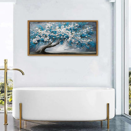 Framed White Blue Tree Wall Art Tree of Life Picture for Living Room Colorful Flower Decor Abstract Nature Scenery Texture Prints Canvas Painting Watercolor Artwork Bedroom Kitchen Decoration 24x48