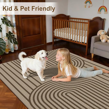 Easy Jute Rug for Living Room, 5' x 7' Area Rug, Brown Farmhouse Ultra-Thin Washable Non-Slip Outdoor Rug for Bedroom, Dining Room, Backyard, Home Decor