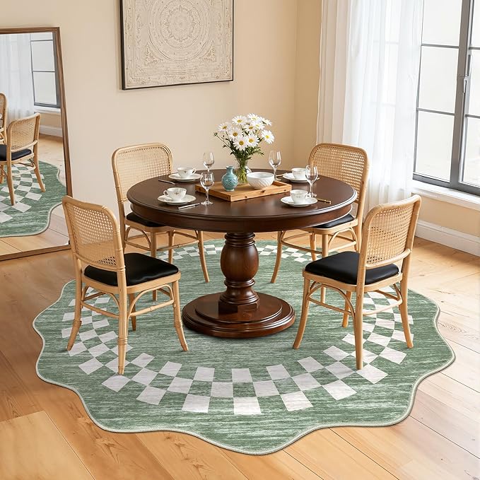 6ft Washable Round Rug for Entryway Modern Checkered Bedroom Circle Rug Non Slip Soft Dining Room Round Throw Carpet Large Stain Resistant Border Round Rugs for Living Room Kitchen Bathroom, Green
