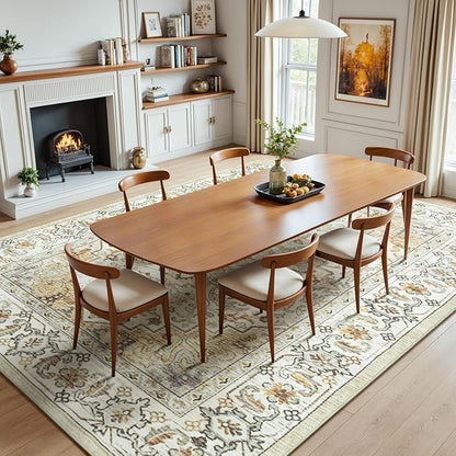 Lessymo 5x7 Area Rugs- Machine Washable Area Rugs, Super Soft Faux-Wool Area Rug for Living Room Bedroom, Boho Area Rug Vintage Floral Medallion Non-Slip Low Pile, Kid & Pet Friendly, Beige