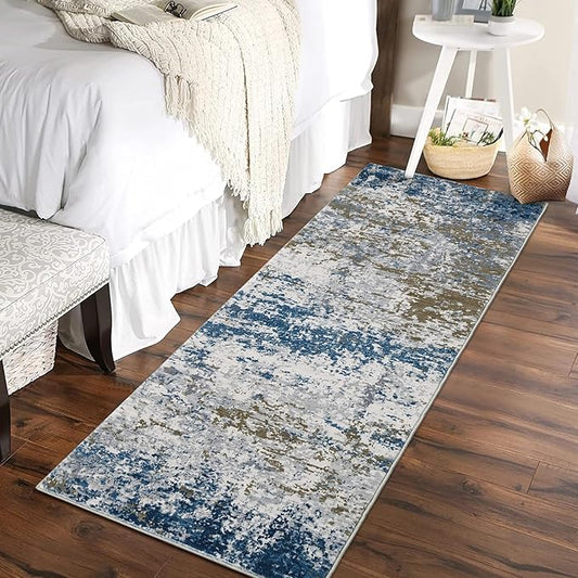 ROYHOME 2x6 Modern Abstract Runner Rug Non Slip Soft Machine Washable Stain Resistant Rugs Low Pile Non Shed Rug for Hallway Kitchen Bathroom, Navy
