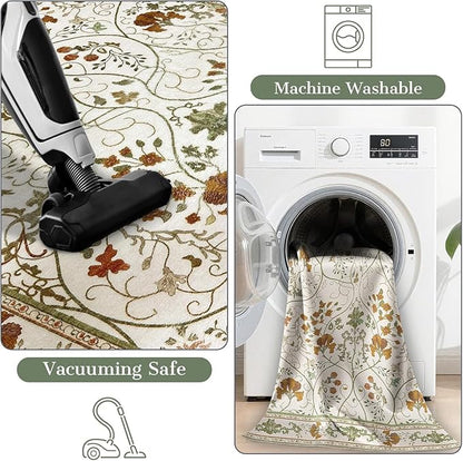 Area Rug 3x5 Machine Washable Vintage Floral Rugs for Living Room, Small Boho Non Slip Indoor Entrance Rug for Kitchen Bedroom, Beige White