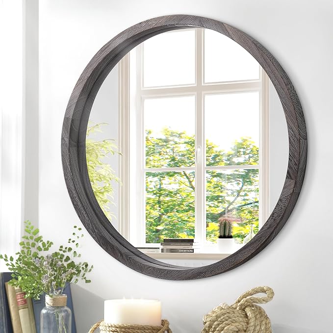 JJUUYOU Large Circle Wall Mirror 20 Inch Round Wall Mirror for Bathroom, Gray Rustic Circular Mirror Washroom Wall Vintage Wood Frame Mirror for Living Room, Bedroom, Dorm Decorative
