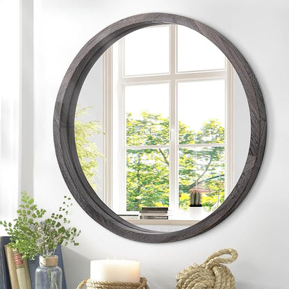 JJUUYOU Large Circle Wall Mirror 20 Inch Round Wall Mirror for Bathroom, Gray Rustic Circular Mirror Washroom Wall Vintage Wood Frame Mirror for Living Room, Bedroom, Dorm Decorative