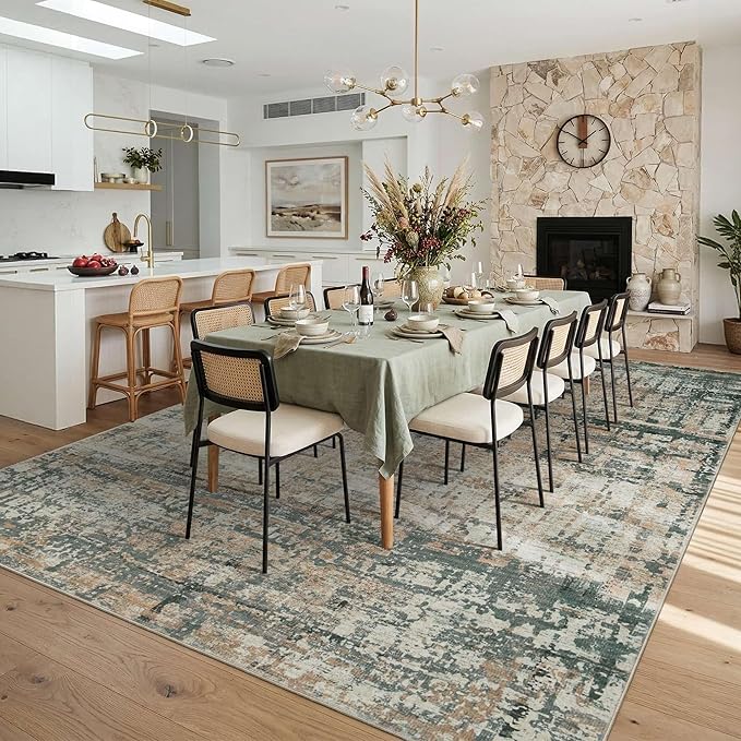 Rugxara 10x14 Extra Large Washable Area Rug, Soft Abstract Vintage Rug for Living Room, Bedroom, Office, Farmhouse, Low Pile Imitation Wool Non Slip Carpet Ideal for High-Traffic Areas, Moss
