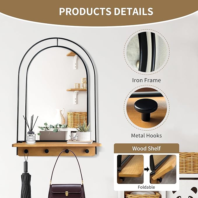 BAODANFU Wall Mirror with Foldable Wood Shelf, Black Bathroom Mirror with 4 Metal Hooks, 20x30 inches Arch Makeup Vanity Mirrors Decorative for Entryway, Bedroom, Dressing Room