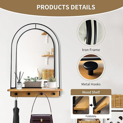 BAODANFU Wall Mirror with Foldable Wood Shelf, Black Bathroom Mirror with 4 Metal Hooks, 20x30 inches Arch Makeup Vanity Mirrors Decorative for Entryway, Bedroom, Dressing Room