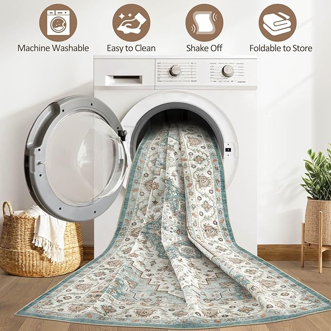 8x10 Area Rugs Living Room: Washable Boho Large Neutral Vintage Soft Rug Stain Resistant Farmhouse Non-Slip Indoor Floor Carpet for Bedroom Nursery Kids Playroom Office Dining Room Home- Teal Brown