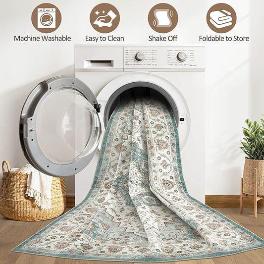 8x10 Area Rugs Living Room: Washable Boho Large Neutral Vintage Soft Rug Stain Resistant Farmhouse Non-Slip Indoor Floor Carpet for Bedroom Nursery Kids Playroom Office Dining Room Home- Teal Brown