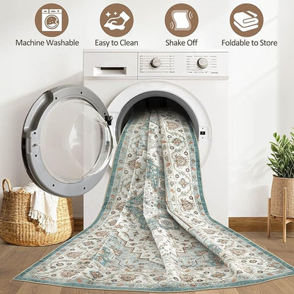 7x9 Area Rug Living Room: Washable Boho Large Neutral Vintage Soft Rug Stain Resistant Farmhouse Non-Slip Indoor Floor Carpet for Bedroom Nursery Kids Playroom Office Dining Room Home- Teal Brown