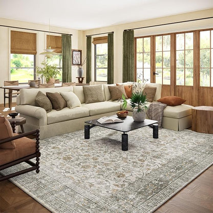 10x12 Large Rugs for Living Room: Washable Rug Stain Resistant Non Slip Distressed Vintage Rug Low Pile Faux Wool Soft Carpet for Bedroom Farmhouse Dining Room Kids Playroom Nursery