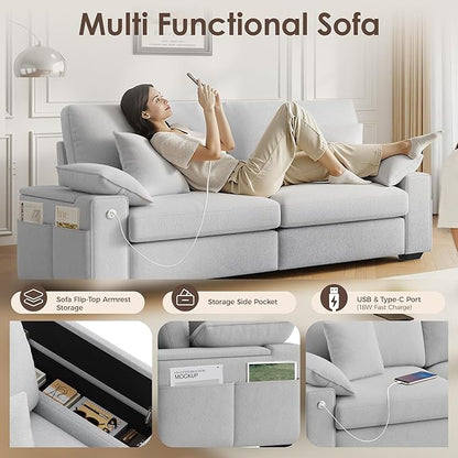 76" Modern Loveseat Couches for Living Room, Comfy Loveseat Sofa with Deep Seat Couch, USB/Type-C Port, Side Storage, Removable Cover, Small Couches for Living Room, Light Grey