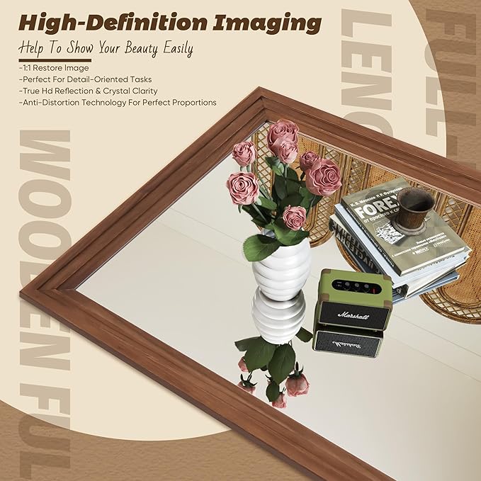 Antok Full Length Mirror with Solid Wood Frame, 71"×32" Wall Mounted Oversized Floor Mirror with Stand, Leaning Standing Hanging for Bedroom Living Room Entryway, Brown, Rect Style