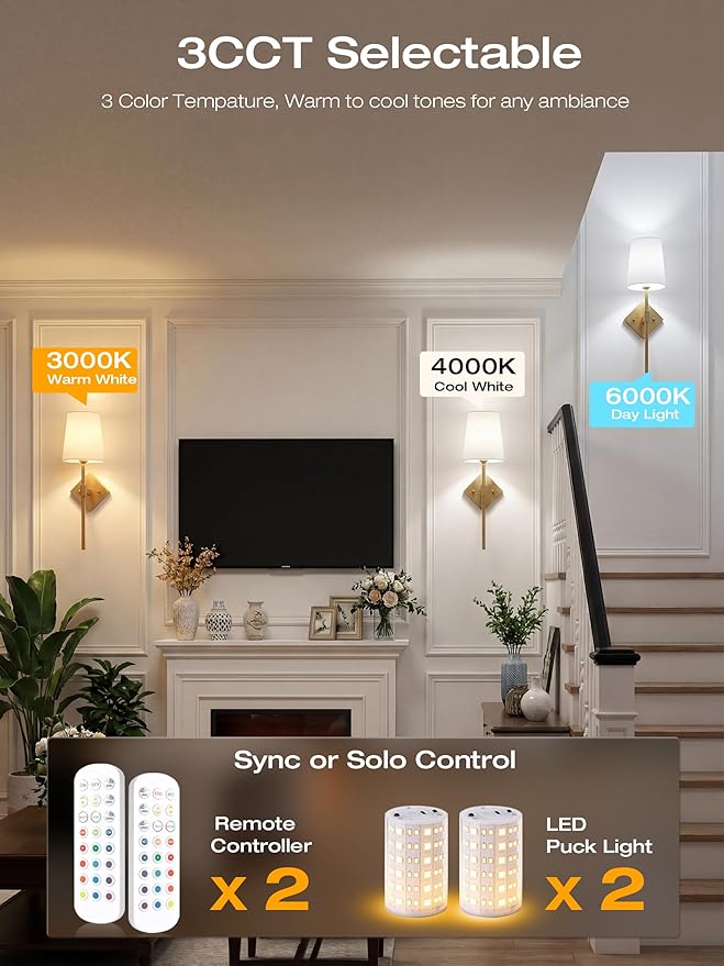 CLOUDY BAY 10000mAh Battery Operated Wall Sconces,Up to 100 Hours with Rechargeable RGB Dimmable Magnetic Bulb,Cordless Wall Lighting Fixtures with Remote for Bedroom,Soft Gold,2 Pack-18inch