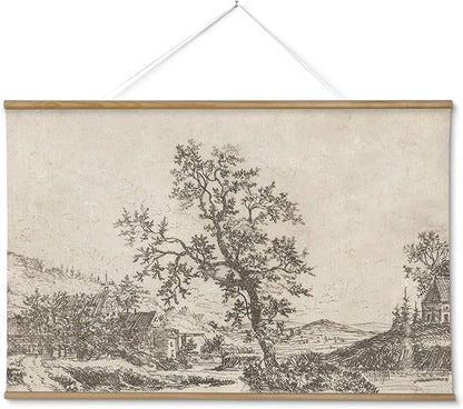 ARPEOTCY Extra Large Vintage Framed Wall Art, 36x54 Inch Sketch Houses Trees Landscape Hanging Canvas Prints, Scroll Wall Decor for Living Room Bedroom, Retro Scenery Pictures Above of Bed
