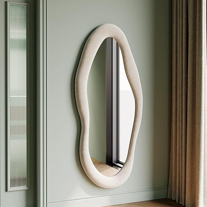 Honyee 55" x 24" Wall Mirror, Flannel Wrapped Wooden Frame Wavy Mirror, Irregular Mirror Hanging for Cloakroom/Bedroom/Living Room, Ivory White
