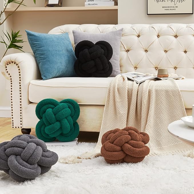 Knot Pillow, 12" Soft Decorative Throw Pillows for Couch Bed, Gray Pink Knotted Plush Throw Pillow Handmade Square Cushion Home Decor Pillows (Dark Green, 12 Inches X12 Inches)