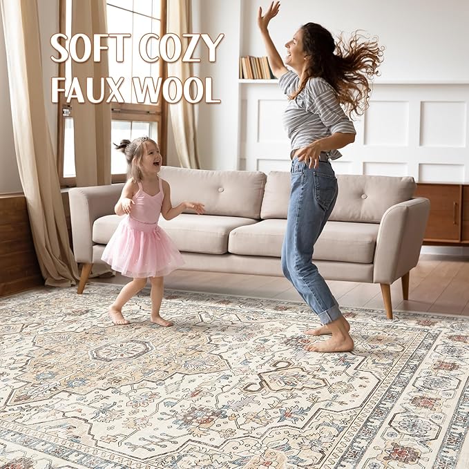12x15 Area Rug Living Room: Washable Boho Large Neutral Vintage Soft Rug Stain Resistant Farmhouse Non Slip Indoor Floor Carpet for Bedroom Nursery Kids Playroom Office Dining Room- Cream Blue