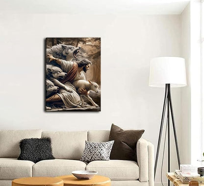 Jesus and Lamb Canvas Wall Art Jesus Saves the Lost Sheep Christian Wall Decor Painting Shepherd Protect a Lamb from Wolves Picture Poster Print Artwork for Living Room Bedroom Church Decor 24x36in