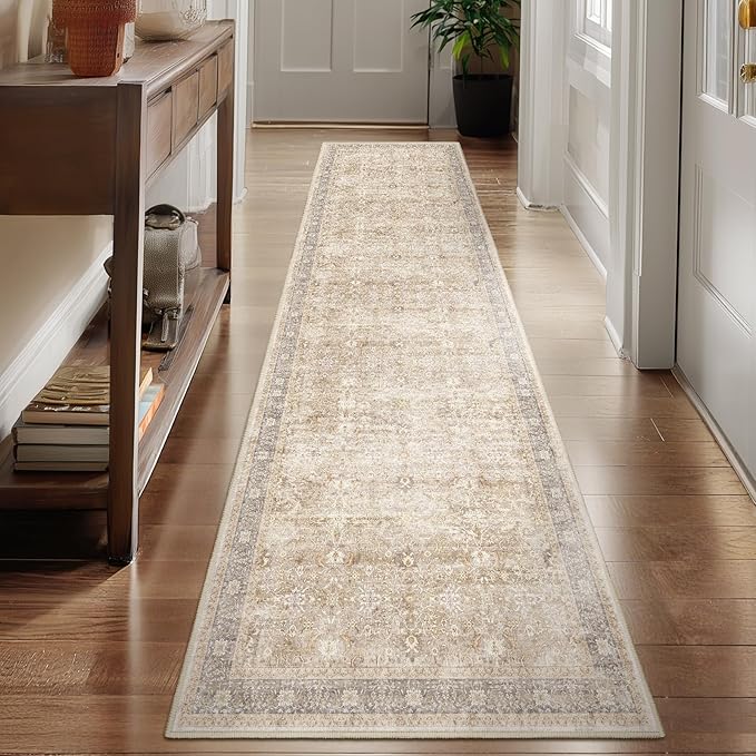 Earth Beige 2x8 Kitchen Runner, Washable Non Slip Runner Rug for Hallway Entryway, Lightweight Ultra Thin Low Pile Carpet Runner for Bathroom/Mudroom/Corridor/Laundry Room, Vintage Neutral