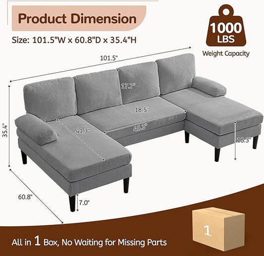 Korser 101" U-Shape Sectional Couch for Living Room, 4 Seat Sofa with Removable Pillows, Modern Chenille Fabric Sets with Double Chaise Lounges for Apartment&Small Space, Pewter