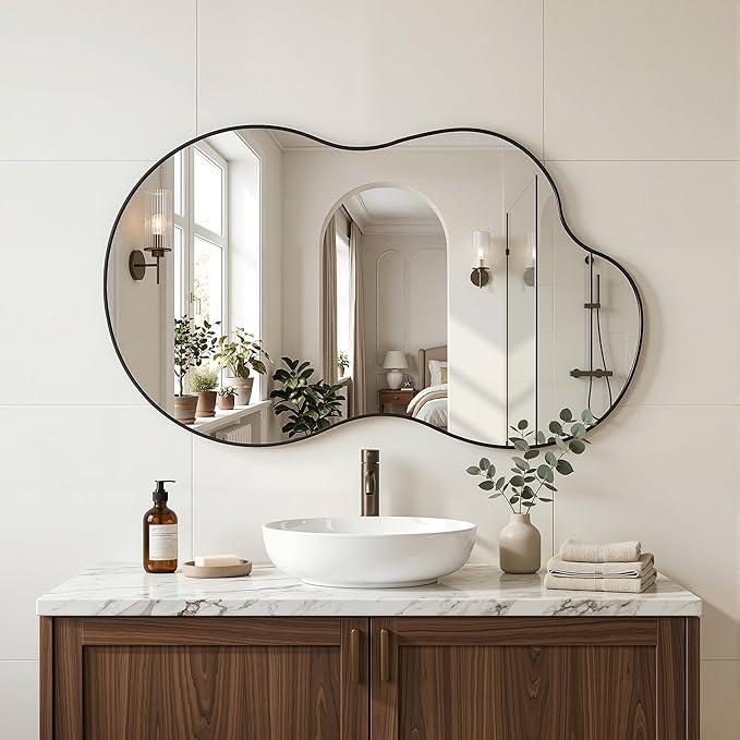 Irregular Wall Mirror, 26"x40" Asymmetrical Mirror with Metal Frame, Modern Unique Decorative Mirrors for Bathroom, Wall Decor, Entryway, Living Room, Black