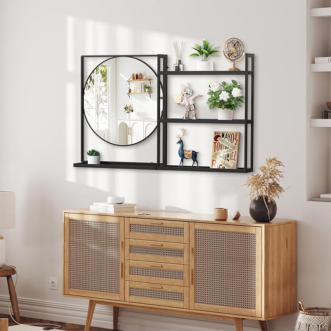 Black Metal Framed Bathroom Mirror with Shelf, 40" X 24.4" Rectangular Wall Mounted Bathroom Vanity Mirror, Modern Bathroom Mirror with Storage for Over Sink, Entryway