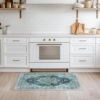 BESTSWEETIE 2x3 Area Rug Washable Rugs for Living Room, No Pile Boho Carpet for Entryway Bedroom Dinning Room, Vintage Carpet Print Distressed Non-Slip, 2 x 3 ft, Teal Dark Green