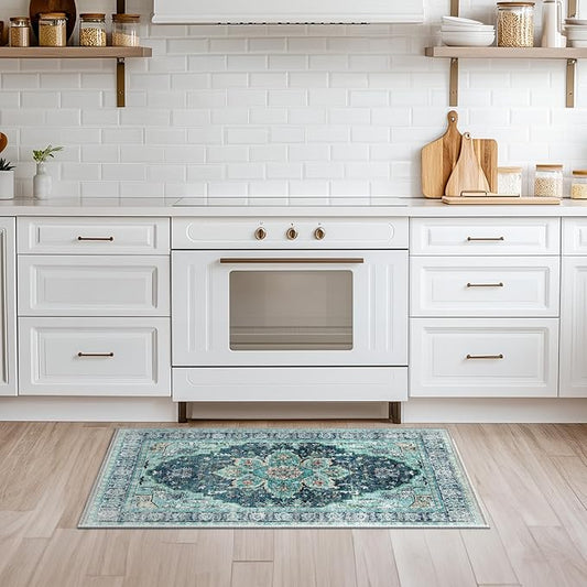 BESTSWEETIE 2x3 Area Rug Washable Rugs for Living Room, No Pile Boho Carpet for Entryway Bedroom Dinning Room, Vintage Carpet Print Distressed Non-Slip, 2 x 3 ft, Teal Dark Green