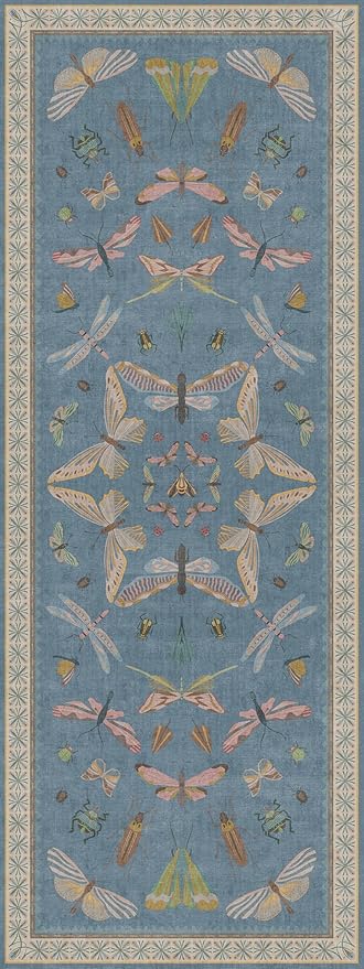 Vintage Blue Insect Runner Rug 3x8 Long, Non Slip Washable Rug for Kitchen Sink, Hallway & Entryway Décor
