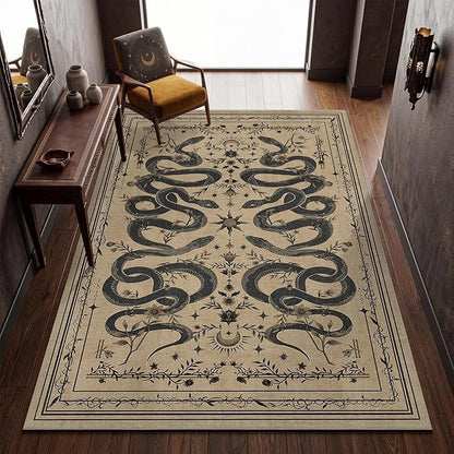 Garvee Snake Gothic Washable Rug 5x7 Dark Whimsical Moody Witchy Unique Soft Thin Carpet for Living Room Bedroom Playroom Indoor Decor Low Pile TPE Backing Taupe