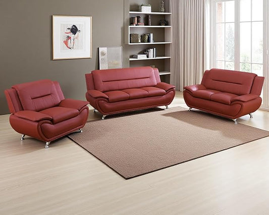 Red Faux Leather Couches for Living Room, Living Room Couch Set, Sofa for Bedroom, Apartment, Living Room Furniture Sets (Red, Sofa+Loveseat+Chair)