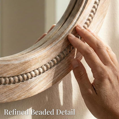 30" Round Solid Wood Mirror for Bathroom Vanity, Handcrafted Beaded Circle Wall Mirror - Natural Boho Farmhouse Decor for Entryway & Bedroom