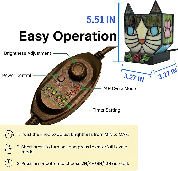 Stained Glass Cat Lamp, Tiffany Style Table Lamp with 24H Cycle Timer, Small Table Lamp with Dimmable Timing Function, Cat Gifts for Women,Cat Lovers,Cat Remembrance Gifts