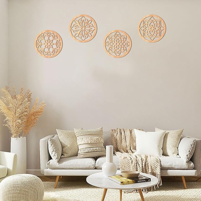 KOYILTD 4 Pieces Thicken Rustic Wall Decor,Flower Carved Wall Art,Wooden Hollow Carved Design(Round, 8.2in)