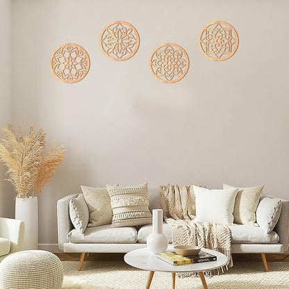 KOYILTD 4 Pieces Thicken Rustic Wall Decor,Flower Carved Wall Art,Wooden Hollow Carved Design(Round, 8.2in)