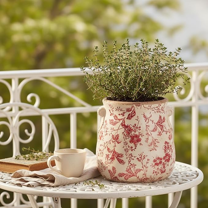 Antique Ceramic Planter & Vase for Home Decor, 6.68 Inch Rustic Farmhouse Flower Pot with Drainage Hole for Indoor Plants, Vintage Decoration for Bookshelf & Tabletop, Unique Gifts for Women (Red)