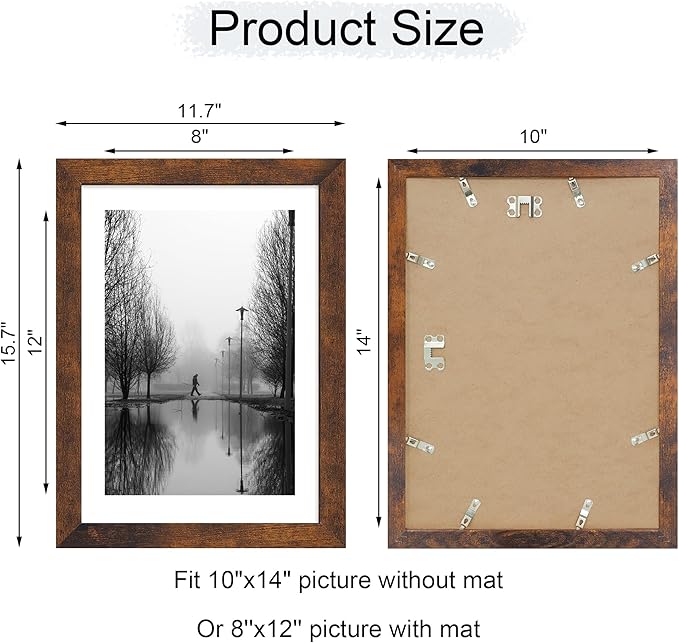 iRahmen 10x14 Picture Frame with Mat 8x12 - High Definition Tempered Glass Wooden Photo Frames for Wall Mounting (Dark Brown, Set of 2)