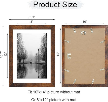 iRahmen 10x14 Picture Frame with Mat 8x12 - High Definition Tempered Glass Wooden Photo Frames for Wall Mounting (Dark Brown, Set of 2)