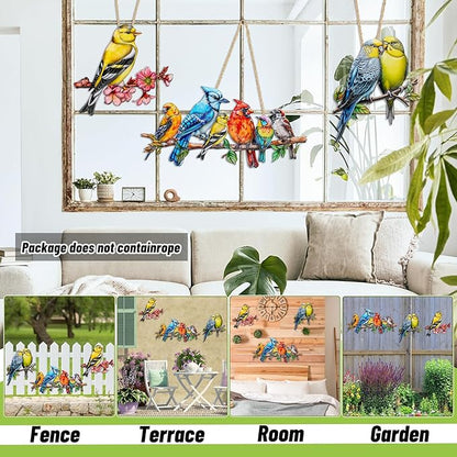 YOADEHOA Metal Wall Art Decor Birds on Branch, 3D Colorful Bird Outdoor Hanging Wall Art Patio Fence Decorations, Hummingbird Wall Sculptures for Indoor Outdoor Garden (Birds C)