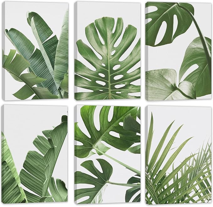 HoozGee Framed Botanical Wall Art Prints Built-in Wooden Frame Tropical Leaves Canvas Plant Leaf Boho Pictures Green Art Posters for Bedroom Living Room (8"x12" FRAMED)